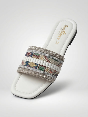Jacquard Flat Slides - White
