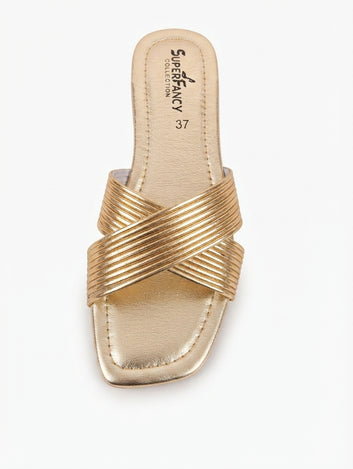 Champagne Gold Cross-Strap Flat Slides