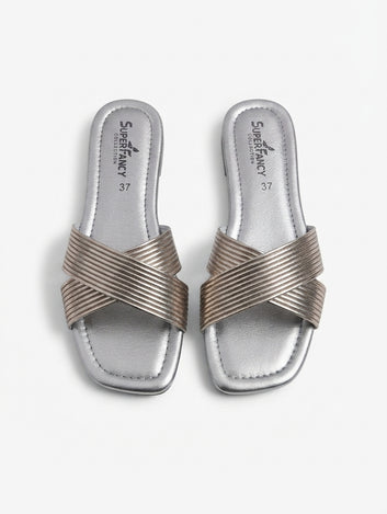 Gunmetal Grey Cross-Strap Flat Slides