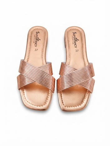Rose Gold Cross-Strap Flat Slides